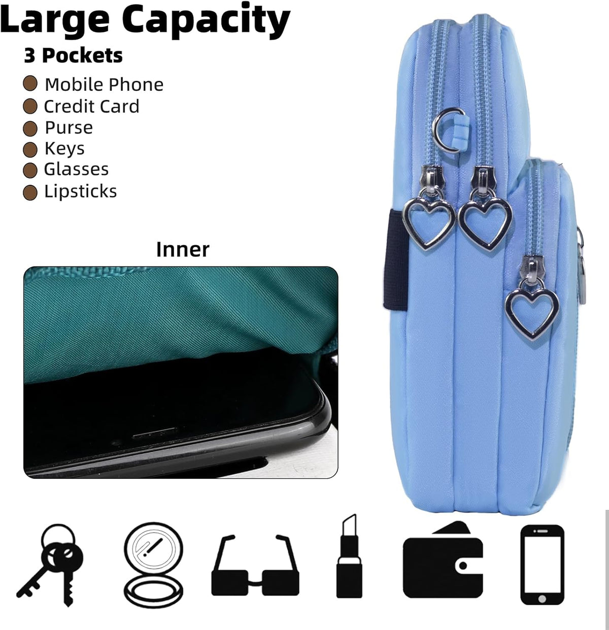 Small Crossbody Bag for Women, Multi Zip Pockets Nylon Wallet Purse Credit Card Holder with Detachable Hand Strap