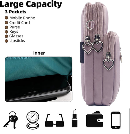 Small Crossbody Bag for Women, Multi Zip Pockets Nylon Wallet Purse Credit Card Holder with Detachable Hand Strap