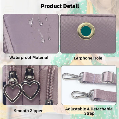 Small Crossbody Bag for Women, Multi Zip Pockets Nylon Wallet Purse Credit Card Holder with Detachable Hand Strap