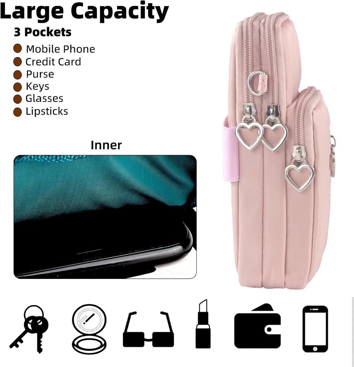 Small Crossbody Bag for Women, Multi Zip Pockets Nylon Wallet Purse Credit Card Holder with Detachable Hand Strap
