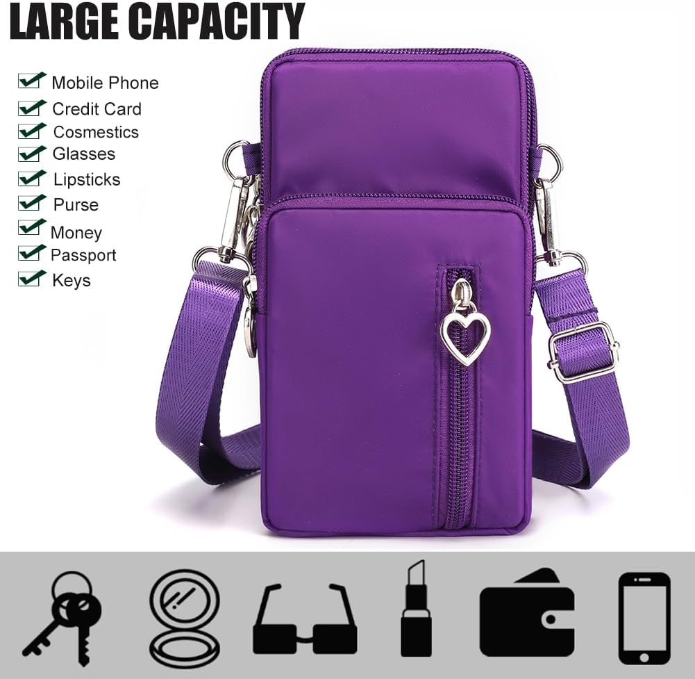 Small Crossbody Bag for Women, Multi Zip Pockets Nylon Wallet Purse Credit Card Holder with Detachable Hand Strap