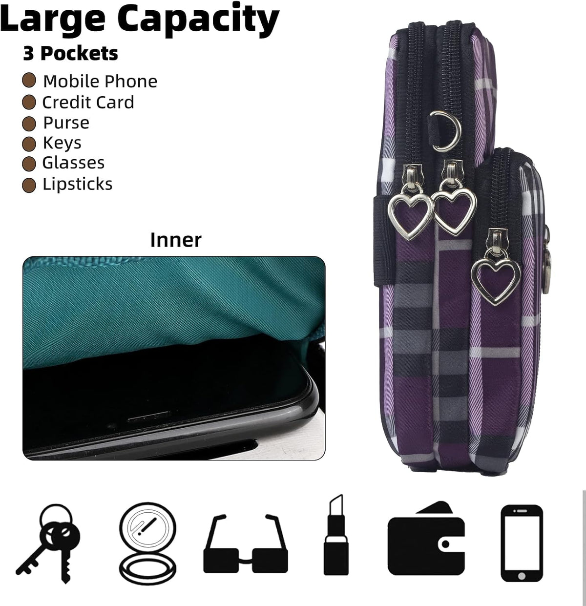 Small Crossbody Bag for Women, Multi Zip Pockets Nylon Wallet Purse Credit Card Holder with Detachable Hand Strap