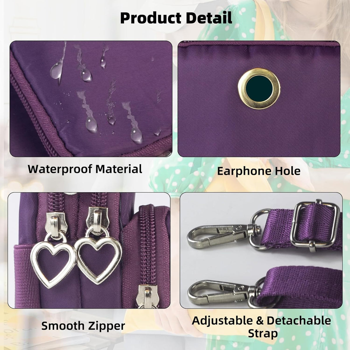 Small Crossbody Bag for Women, Multi Zip Pockets Nylon Wallet Purse Credit Card Holder with Detachable Hand Strap