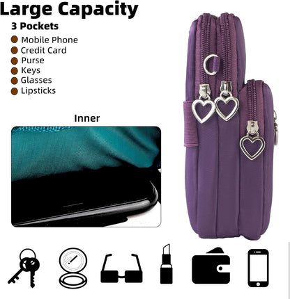 Small Crossbody Bag for Women, Multi Zip Pockets Nylon Wallet Purse Credit Card Holder with Detachable Hand Strap