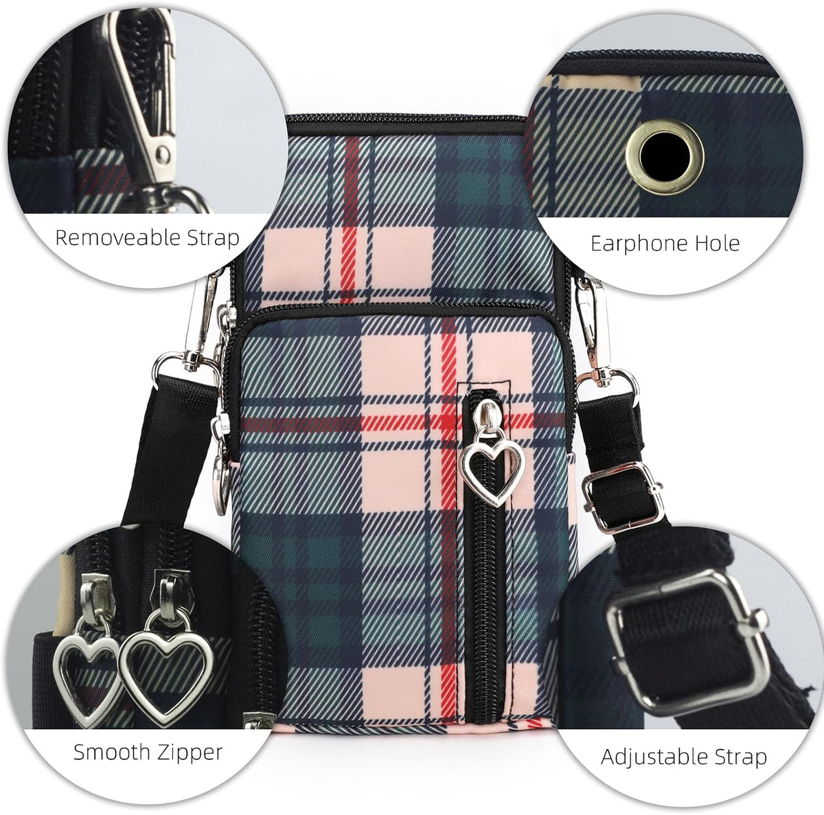 Small Crossbody Bag for Women, Multi Zip Pockets Nylon Wallet Purse Credit Card Holder with Detachable Hand Strap