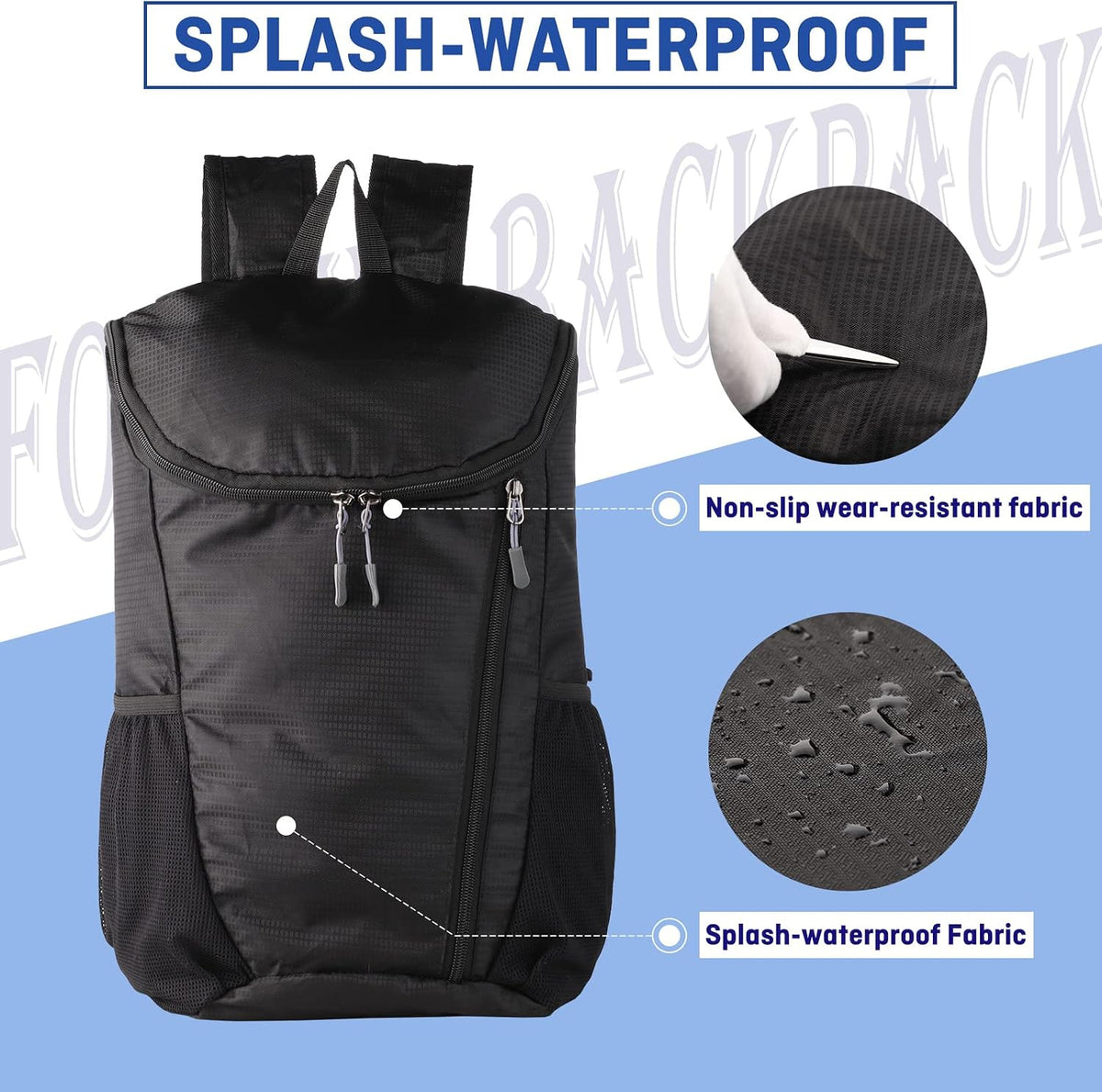 Hiking Backpack, Waterproof and Wear-resistant Lightweight Backpack Packable,Outdoor Travel Camping Daypack Foldable-BLACK