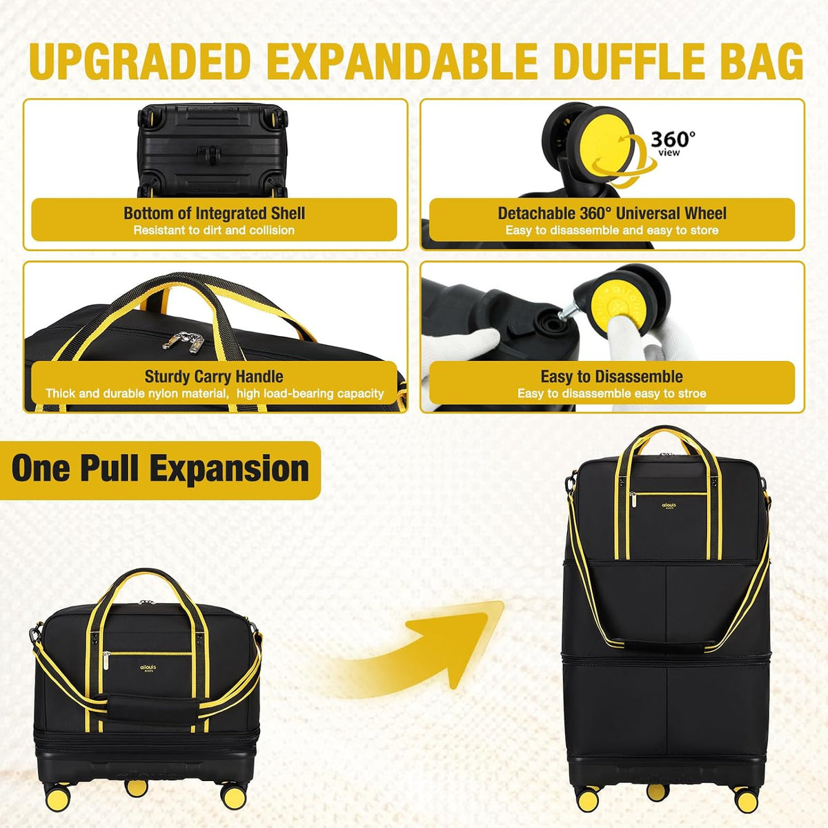 Rolling Duffle Bag with Detachable Wheels, Large Capacity Expandable Foldable Suitcase for Travel,Collapsible Luggage Carry on Duffel Overnight Weekend Bags