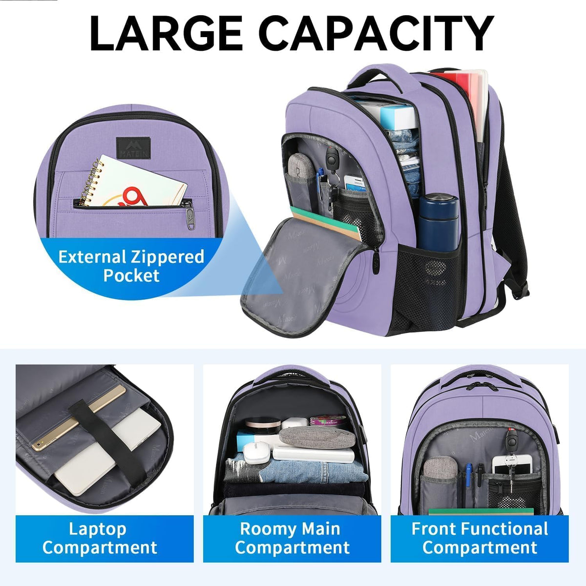Travel Backpack for Women, Expandable 15.6 inch Laptop Backpack | Anti Theft Computer Bag, Water Resistant Material, 29.5 - 36.8L, College, Business, Gift for Adults, Light Purple