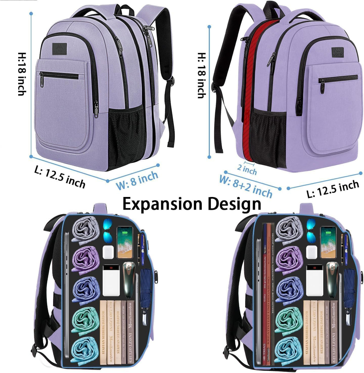 Travel Backpack for Women, Expandable 15.6 inch Laptop Backpack | Anti Theft Computer Bag, Water Resistant Material, 29.5 - 36.8L, College, Business, Gift for Adults, Light Purple