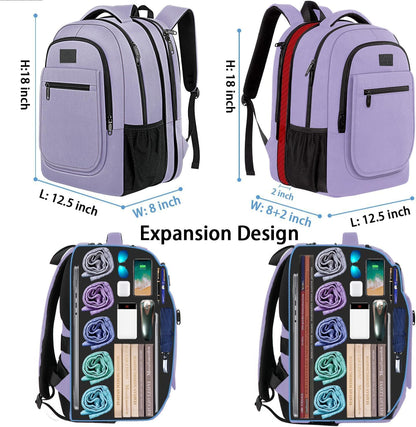 Travel Backpack for Women, Expandable 15.6 inch Laptop Backpack | Anti Theft Computer Bag, Water Resistant Material, 29.5 - 36.8L, College, Business, Gift for Adults, Light Purple