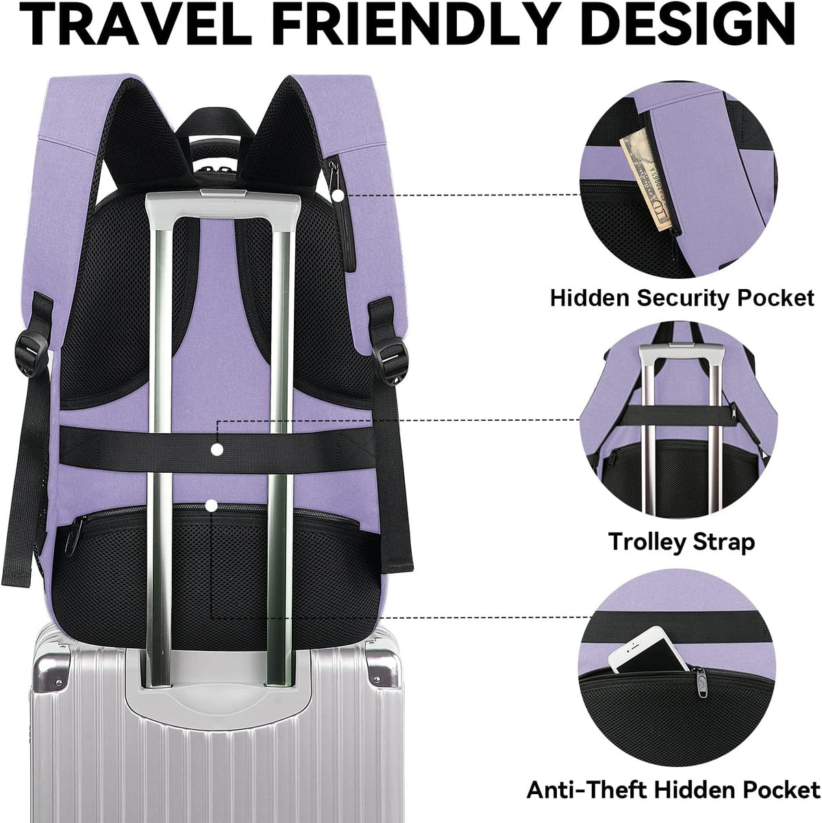 Travel Backpack for Women, Expandable 15.6 inch Laptop Backpack | Anti Theft Computer Bag, Water Resistant Material, 29.5 - 36.8L, College, Business, Gift for Adults, Light Purple