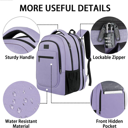 Travel Backpack for Women, Expandable 15.6 inch Laptop Backpack | Anti Theft Computer Bag, Water Resistant Material, 29.5 - 36.8L, College, Business, Gift for Adults, Light Purple