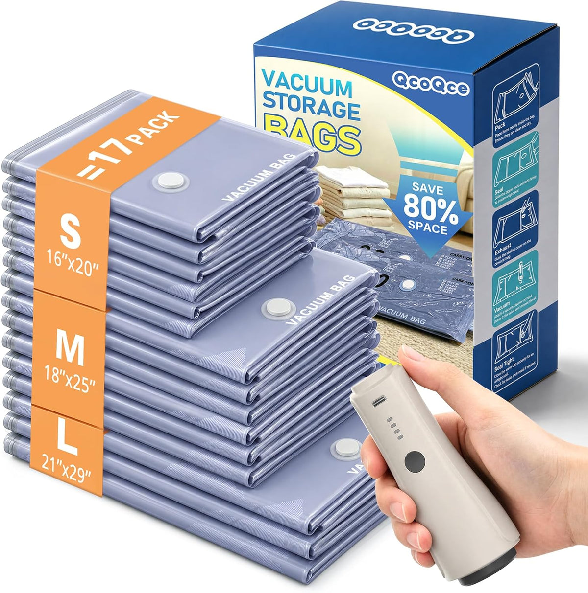 Vacuum Storage Bags with Rechargeable Cordless Pump, Space Saving Seal Bags for Travel Clothing & Luggage, Tear-Resistant Compression Packing Cubes for Suitcase, 12-Pack (2L/4M/4S/2 Bonus)