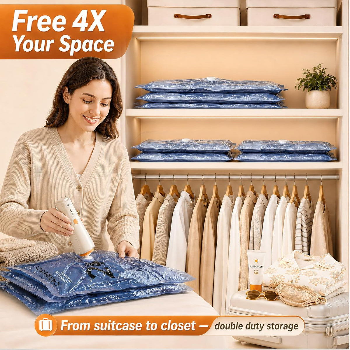 Vacuum Storage Bags with Rechargeable Cordless Pump, Space Saving Seal Bags for Travel Clothing & Luggage, Tear-Resistant Compression Packing Cubes for Suitcase, 12-Pack (2L/4M/4S/2 Bonus)