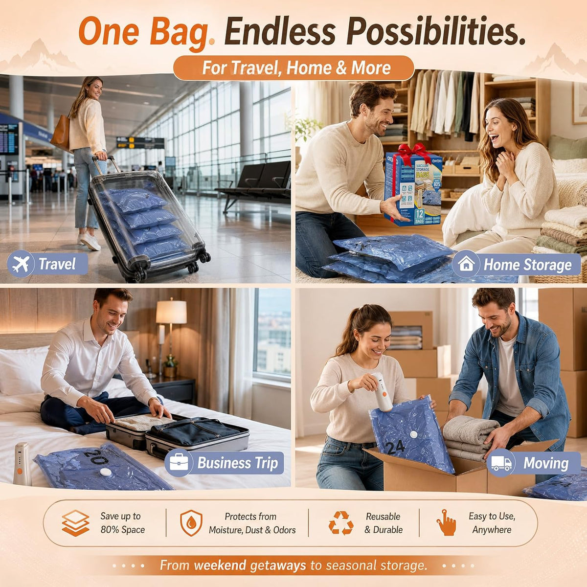 Vacuum Storage Bags with Rechargeable Cordless Pump, Space Saving Seal Bags for Travel Clothing & Luggage, Tear-Resistant Compression Packing Cubes for Suitcase, 12-Pack (2L/4M/4S/2 Bonus)