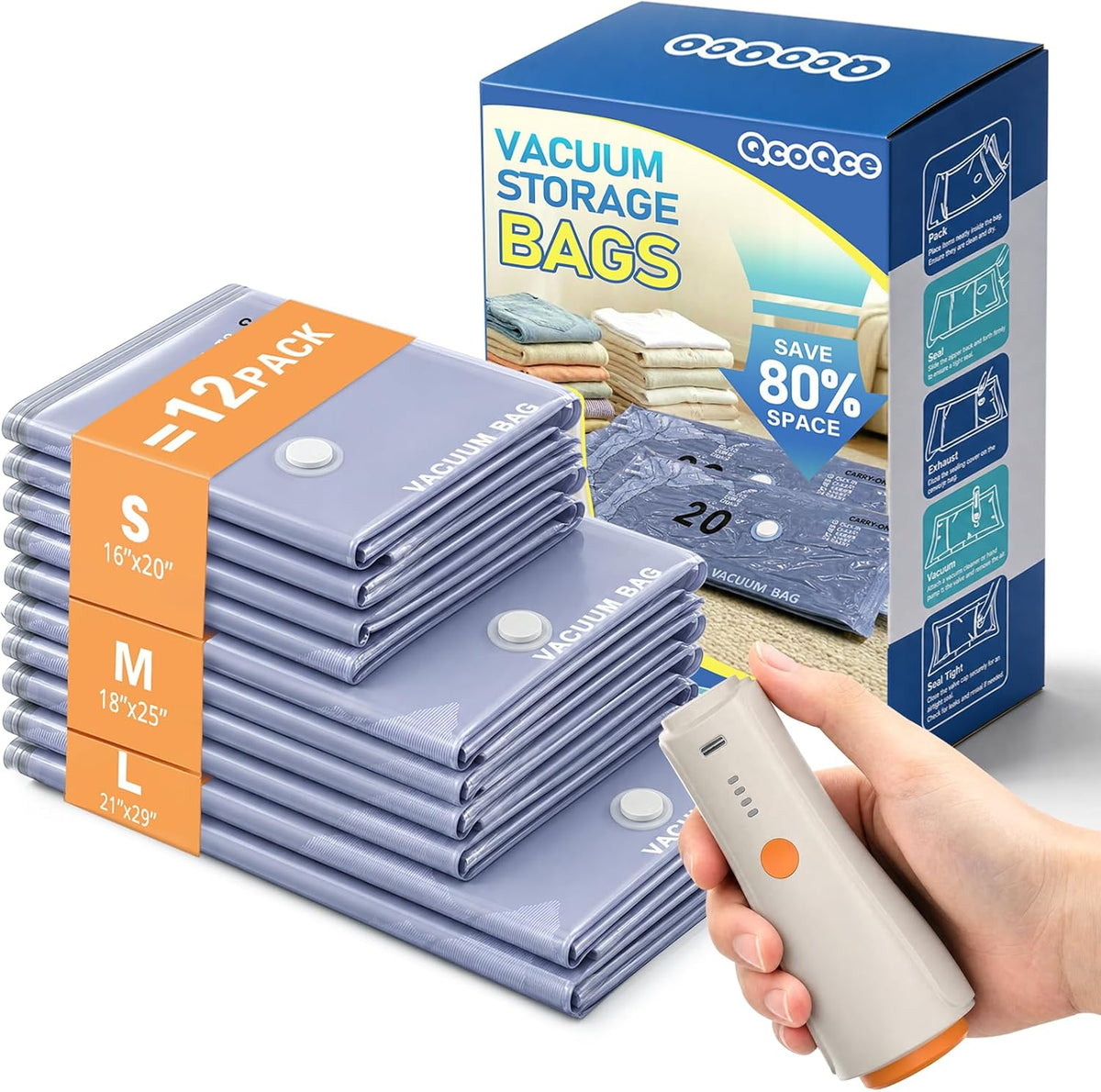 Vacuum Storage Bags with Rechargeable Cordless Pump, Space Saving Seal Bags for Travel Clothing & Luggage, Tear-Resistant Compression Packing Cubes for Suitcase, 12-Pack (2L/4M/4S/2 Bonus)