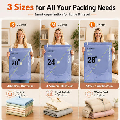 Vacuum Storage Bags with Rechargeable Cordless Pump, Space Saving Seal Bags for Travel Clothing & Luggage, Tear-Resistant Compression Packing Cubes for Suitcase, 12-Pack (2L/4M/4S/2 Bonus)