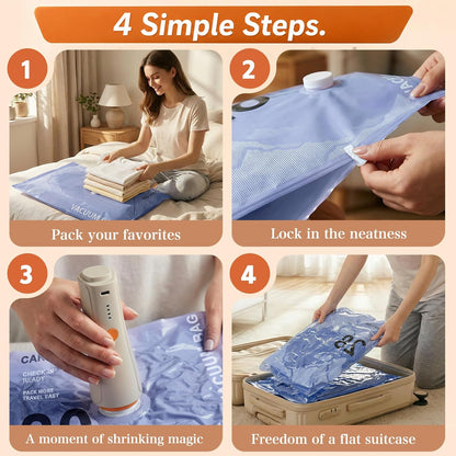 Vacuum Storage Bags with Rechargeable Cordless Pump, Space Saving Seal Bags for Travel Clothing & Luggage, Tear-Resistant Compression Packing Cubes for Suitcase, 12-Pack (2L/4M/4S/2 Bonus)