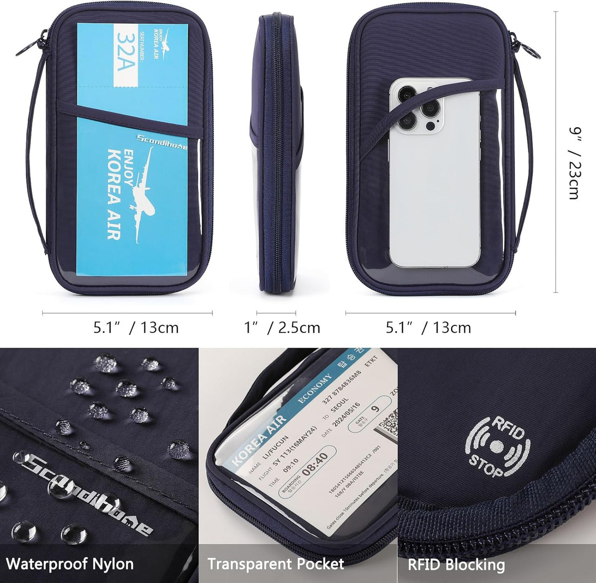 Travel Passport Wallet RFID Family Passport Holder with Hand Strap, Waterproof Travel Document Organizer for Credit Card, Boarding Pass, ID, Money, Flight Tickets Scandihome Series