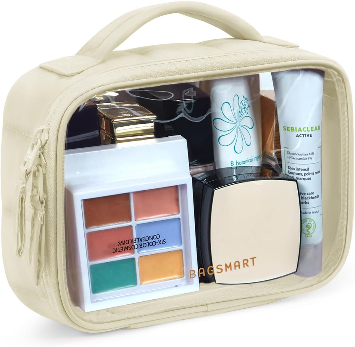 Clear TSA-Approved Toiletry Bag, Puffy Edges Travel Makeup Bag, Large Opening with Handle, Clear Cosmetic Bag with Double Zipper for Women (Black)