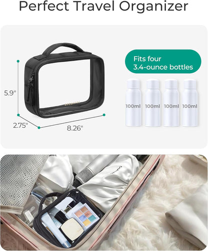 Clear TSA-Approved Toiletry Bag, Puffy Edges Travel Makeup Bag, Large Opening with Handle, Clear Cosmetic Bag with Double Zipper for Women (Black)