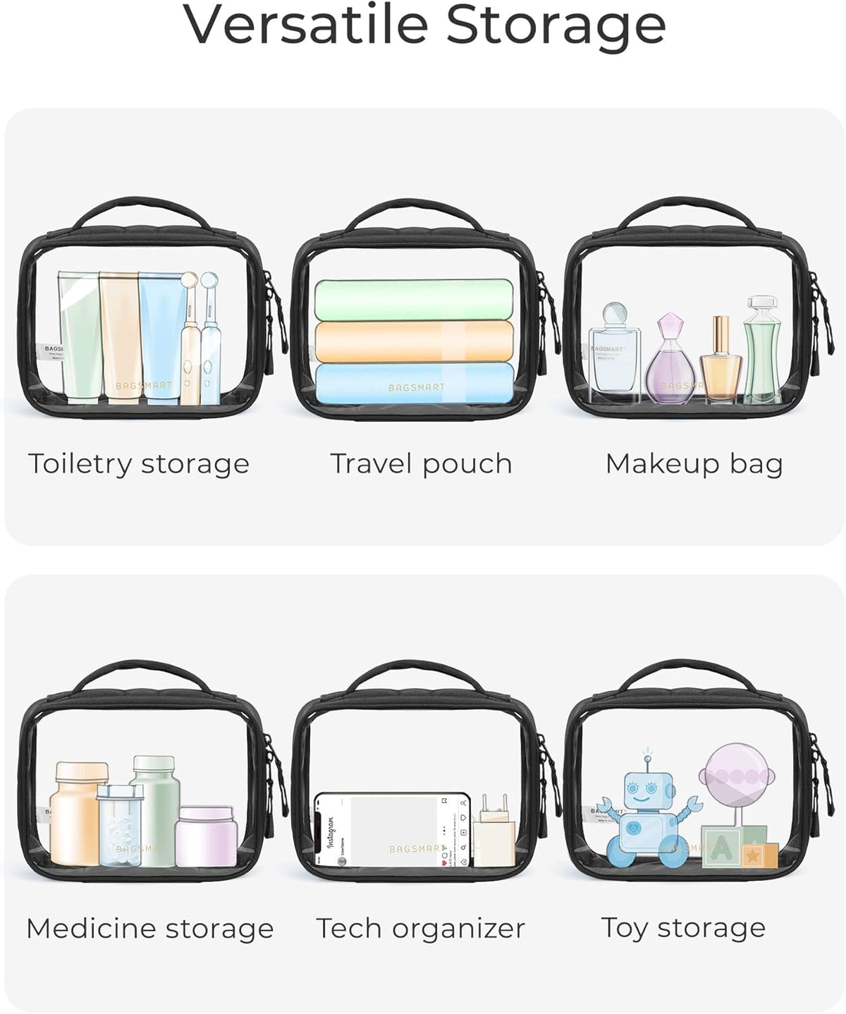 Clear TSA-Approved Toiletry Bag, Puffy Edges Travel Makeup Bag, Large Opening with Handle, Clear Cosmetic Bag with Double Zipper for Women (Black)