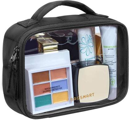 Clear TSA-Approved Toiletry Bag, Puffy Edges Travel Makeup Bag, Large Opening with Handle, Clear Cosmetic Bag with Double Zipper for Women (Black)