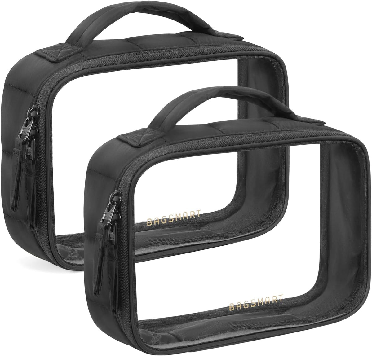 Clear TSA-Approved Toiletry Bag, Puffy Edges Travel Makeup Bag, Large Opening with Handle, Clear Cosmetic Bag with Double Zipper for Women (Black)