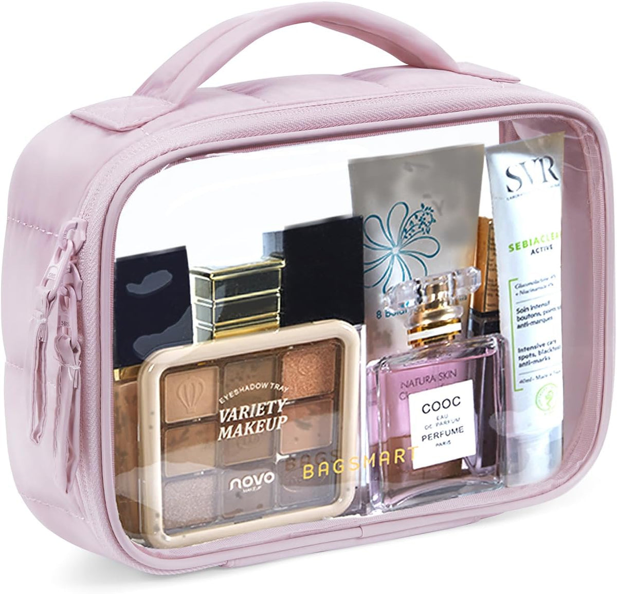 Clear TSA-Approved Toiletry Bag, Puffy Edges Travel Makeup Bag, Large Opening with Handle, Clear Cosmetic Bag with Double Zipper for Women (Black)