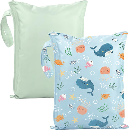 Wet Dry Bags Water Resistant - 2 Pack Reusable Waterproof Wet Dry Bag for Swimsuits & Baby Clothes - Leakproof Storage Pouch Bag for Travel & Baby Diaper - Travel Laundry Daycare Bags