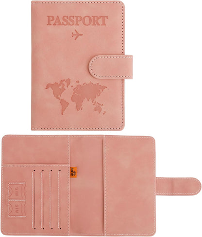 Passport Holder for Travel Essentials, Pink Leather Passport Cover, Passport Wallet Holders for Women Men Family Travel Gifts Must Have Accessories, Credit Card Cash Air Ticket Storage Supplies