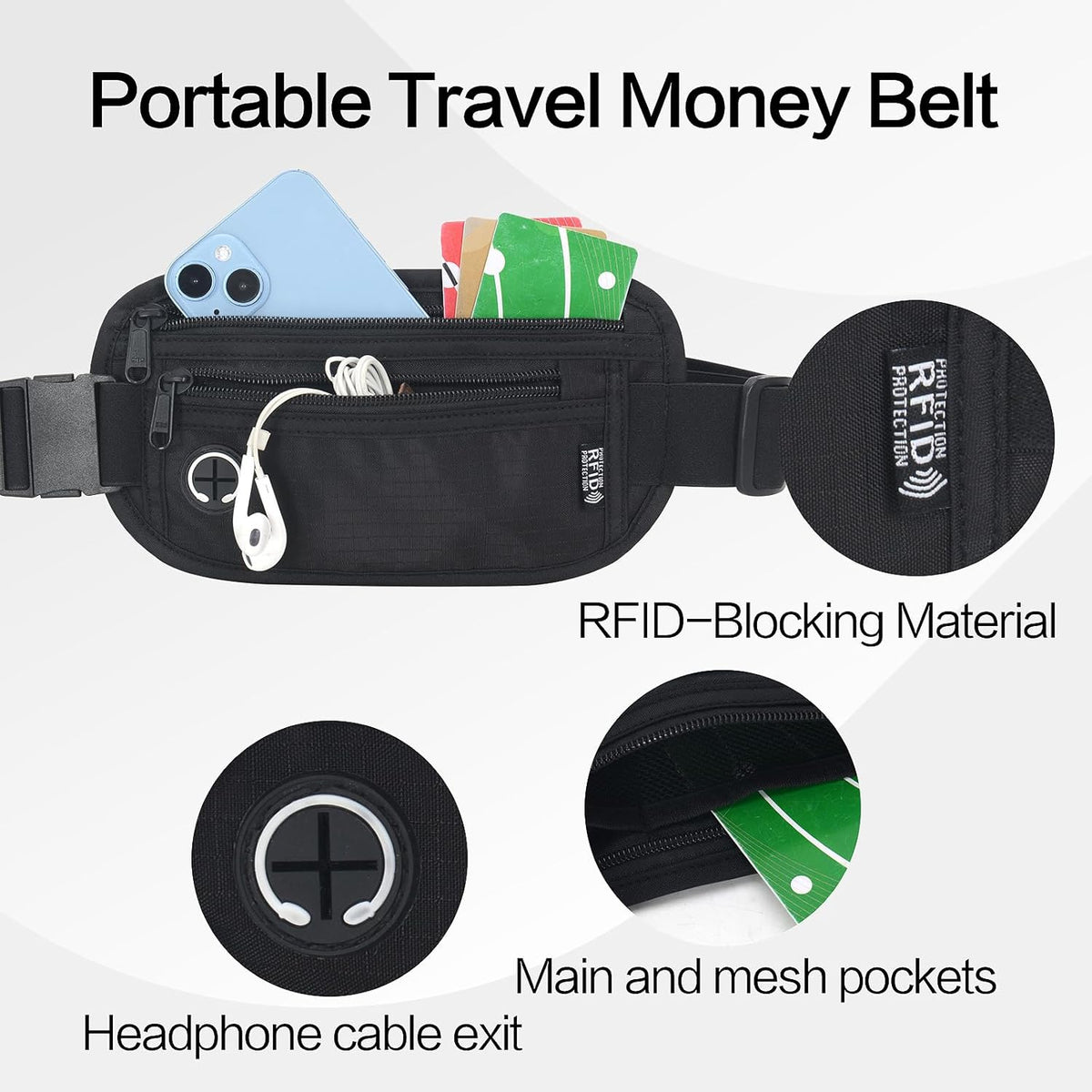 TRAVELSAFE Slim RFID Blocking Money Belt for Travel - Anti-Theft Hidden Passport Holder Waist Wallet with Secure Pouch for Cash, Credit Cards & Phone Safe (B - Navy Blue)