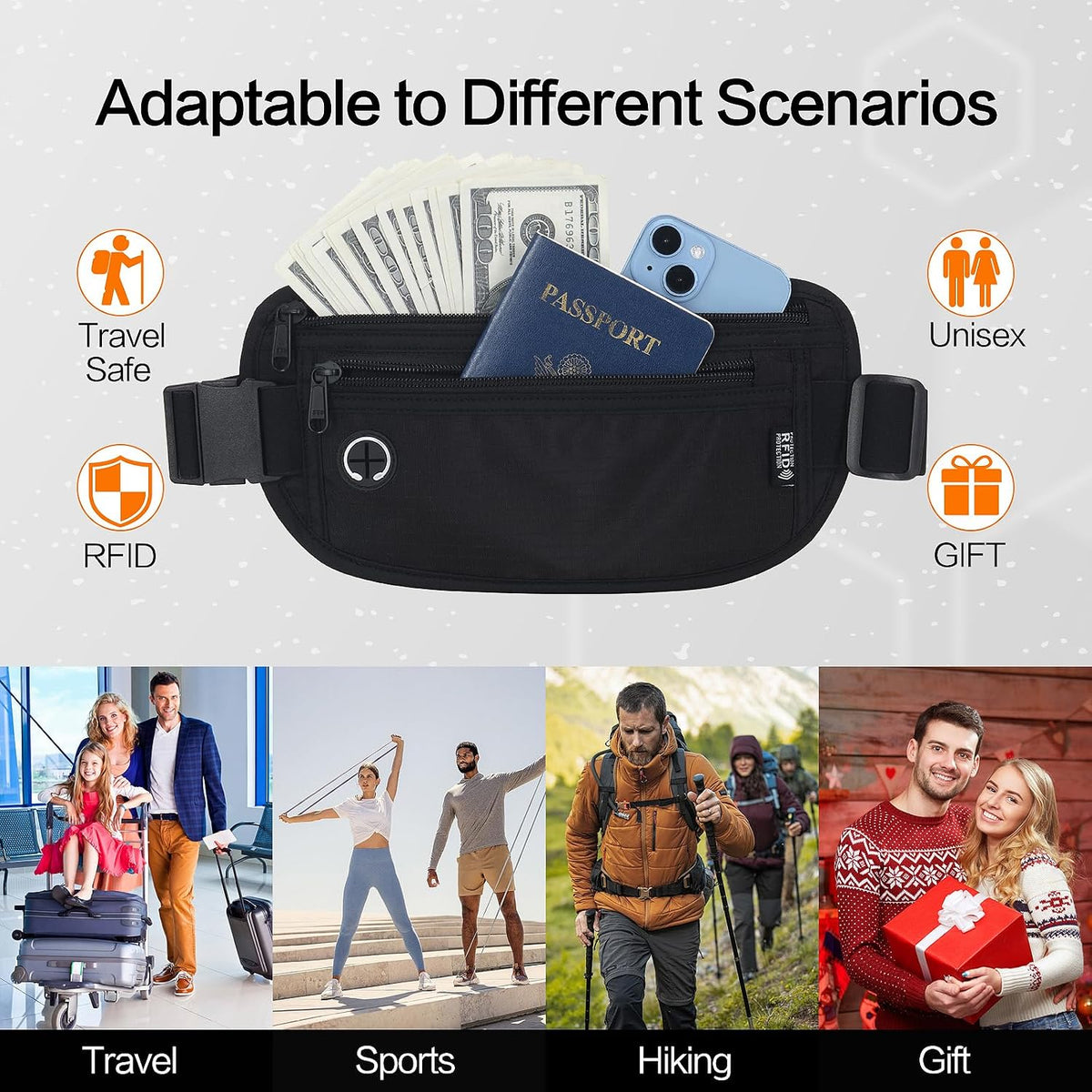 TRAVELSAFE Slim RFID Blocking Money Belt for Travel - Anti-Theft Hidden Passport Holder Waist Wallet with Secure Pouch for Cash, Credit Cards & Phone Safe (B - Navy Blue)