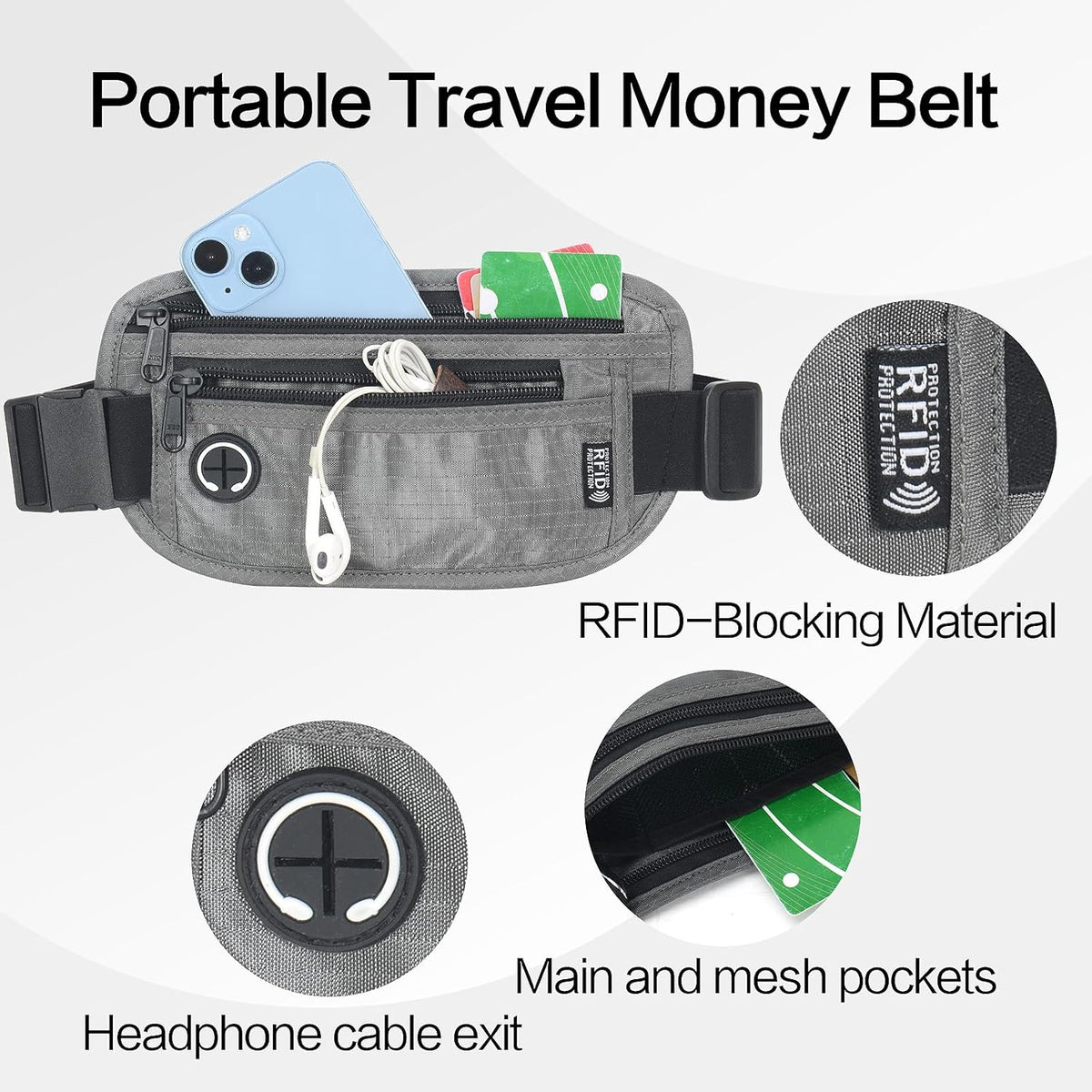 TRAVELSAFE Slim RFID Blocking Money Belt for Travel - Anti-Theft Hidden Passport Holder Waist Wallet with Secure Pouch for Cash, Credit Cards & Phone Safe (B - Navy Blue)