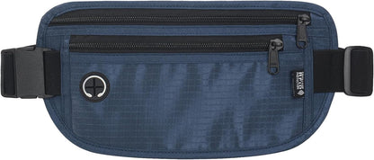 TRAVELSAFE Slim RFID Blocking Money Belt for Travel - Anti-Theft Hidden Passport Holder Waist Wallet with Secure Pouch for Cash, Credit Cards & Phone Safe (B - Navy Blue)