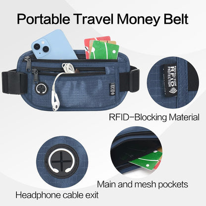 TRAVELSAFE Slim RFID Blocking Money Belt for Travel - Anti-Theft Hidden Passport Holder Waist Wallet with Secure Pouch for Cash, Credit Cards & Phone Safe (B - Navy Blue)
