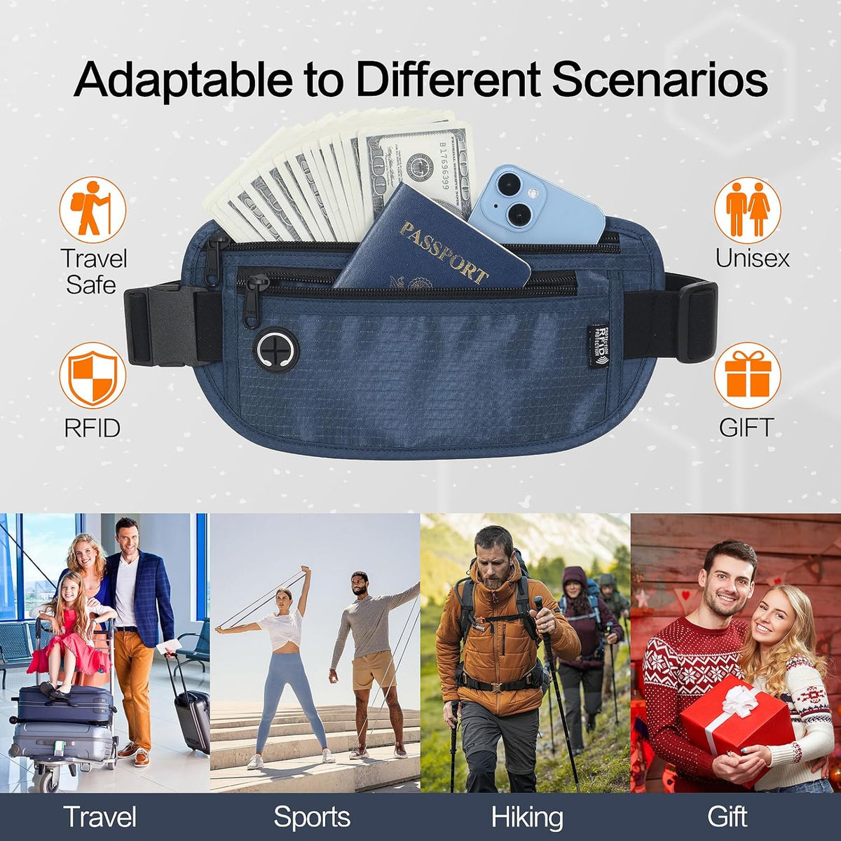TRAVELSAFE Slim RFID Blocking Money Belt for Travel - Anti-Theft Hidden Passport Holder Waist Wallet with Secure Pouch for Cash, Credit Cards & Phone Safe (B - Navy Blue)