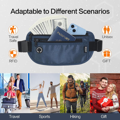 TRAVELSAFE Slim RFID Blocking Money Belt for Travel - Anti-Theft Hidden Passport Holder Waist Wallet with Secure Pouch for Cash, Credit Cards & Phone Safe (B - Navy Blue)