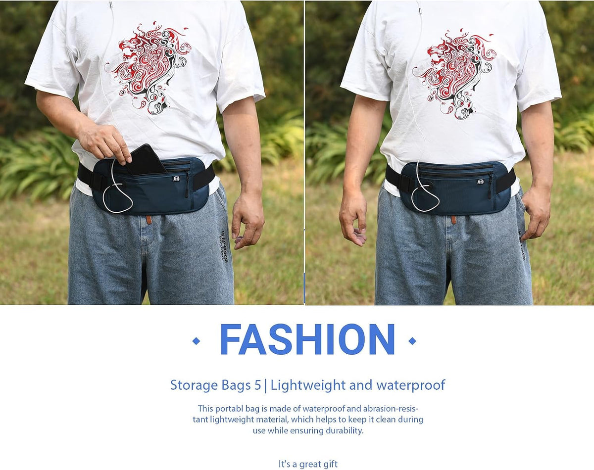 TRAVELSAFE Slim RFID Blocking Money Belt for Travel - Anti-Theft Hidden Passport Holder Waist Wallet with Secure Pouch for Cash, Credit Cards & Phone Safe (B - Navy Blue)