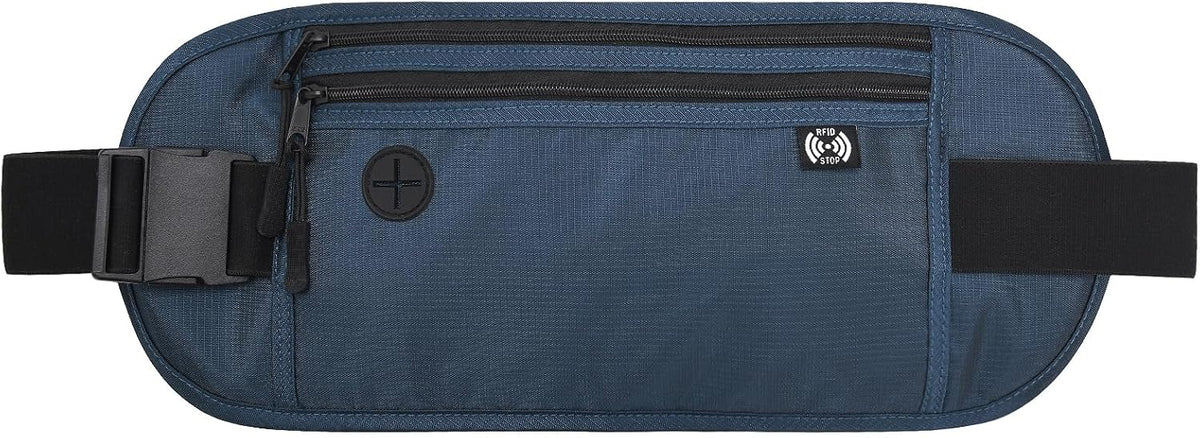 TRAVELSAFE Slim RFID Blocking Money Belt for Travel - Anti-Theft Hidden Passport Holder Waist Wallet with Secure Pouch for Cash, Credit Cards & Phone Safe (B - Navy Blue)
