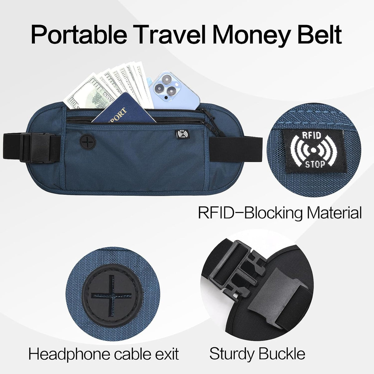 TRAVELSAFE Slim RFID Blocking Money Belt for Travel - Anti-Theft Hidden Passport Holder Waist Wallet with Secure Pouch for Cash, Credit Cards & Phone Safe (B - Navy Blue)