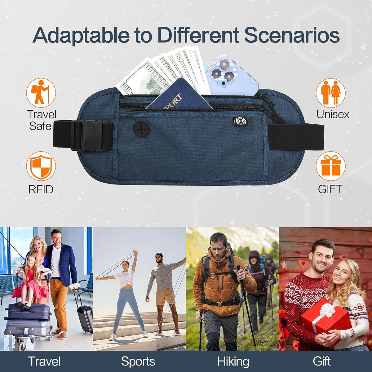 TRAVELSAFE Slim RFID Blocking Money Belt for Travel - Anti-Theft Hidden Passport Holder Waist Wallet with Secure Pouch for Cash, Credit Cards & Phone Safe (B - Navy Blue)