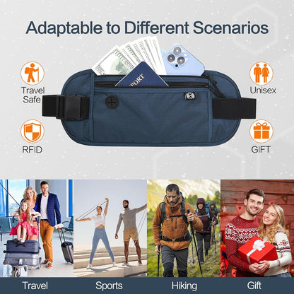 TRAVELSAFE Slim RFID Blocking Money Belt for Travel - Anti-Theft Hidden Passport Holder Waist Wallet with Secure Pouch for Cash, Credit Cards & Phone Safe (B - Navy Blue)