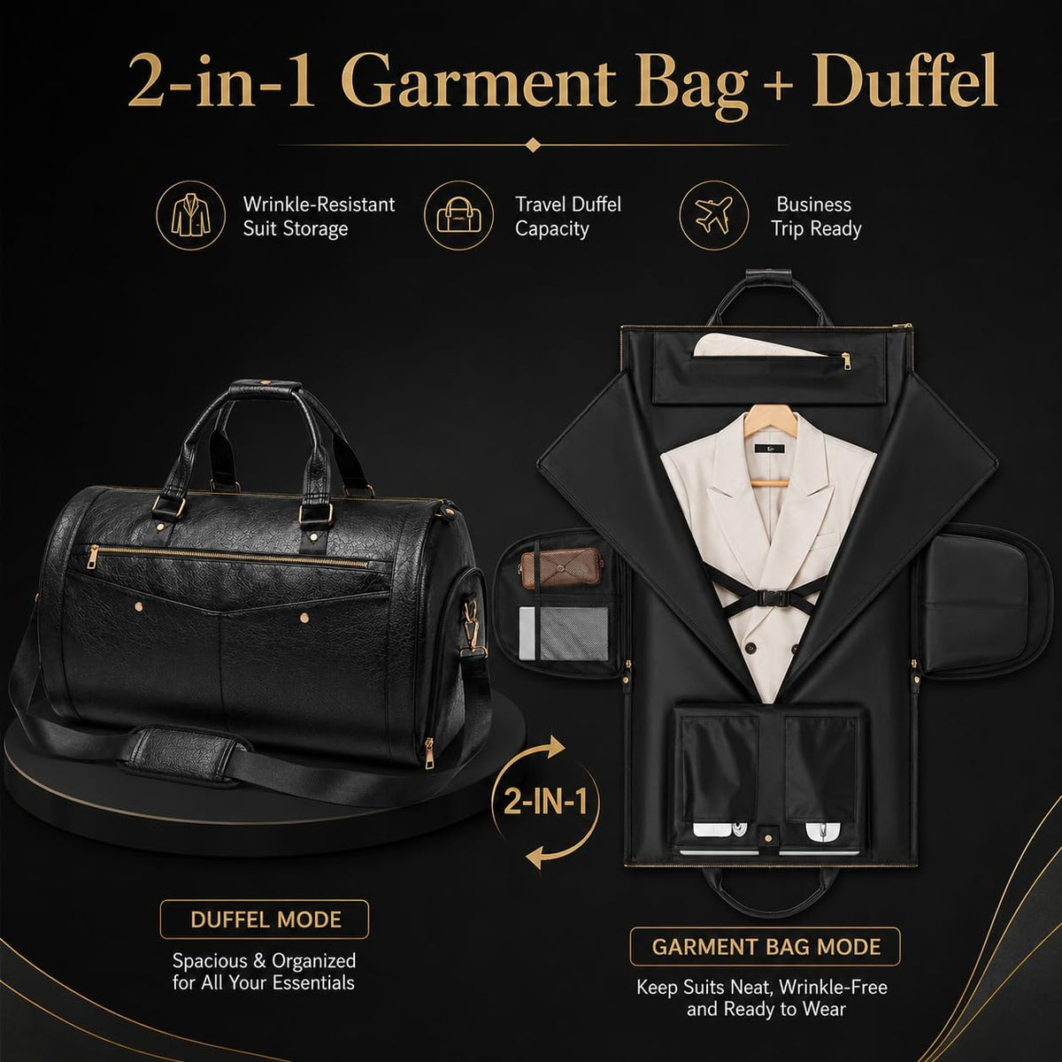 Garment Bags for Travel, Convertible Suit Travel Bag for Women, Stylish Carry On Garment Bag with Toiletry Pocket, Shoulder Strap and Shoes Compartment, 2 in 1 Foldable PU Leather Duffle Bag, Blue