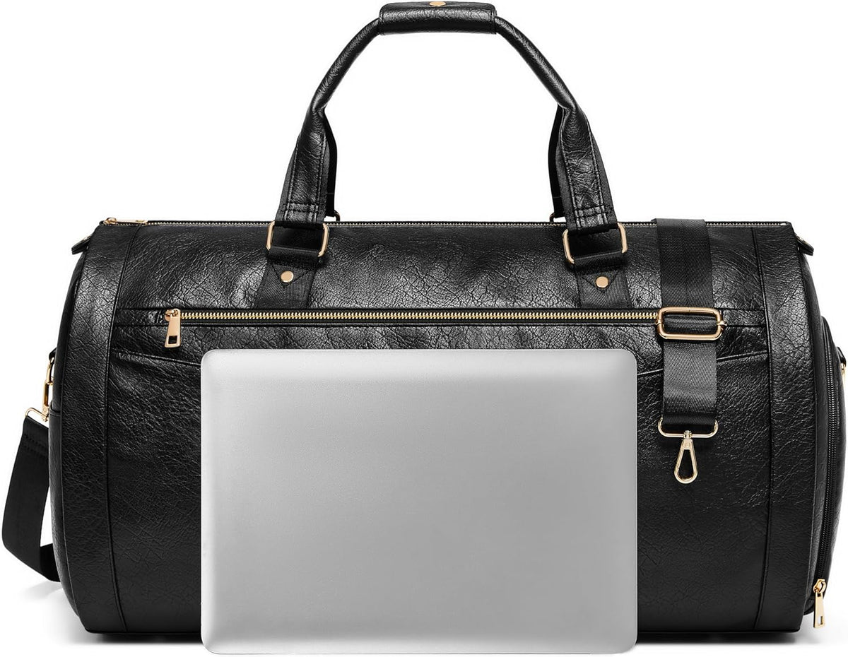 Garment Bags for Travel, Convertible Suit Travel Bag for Women, Stylish Carry On Garment Bag with Toiletry Pocket, Shoulder Strap and Shoes Compartment, 2 in 1 Foldable PU Leather Duffle Bag, Blue