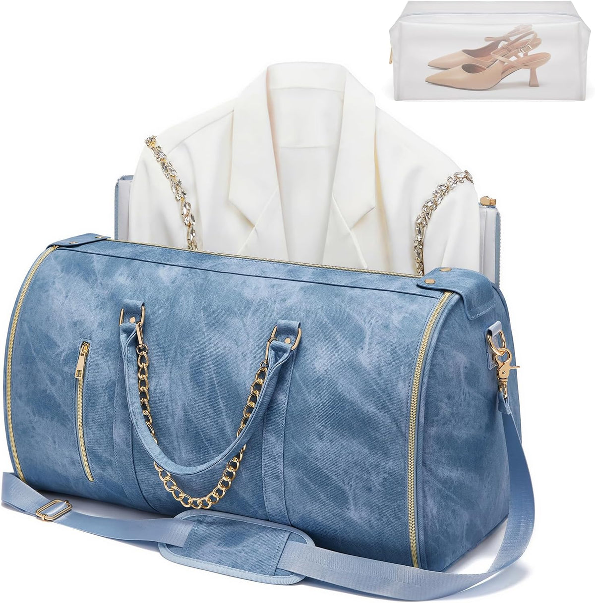 Garment Bags for Travel, Convertible Suit Travel Bag for Women, Stylish Carry On Garment Bag with Toiletry Pocket, Shoulder Strap and Shoes Compartment, 2 in 1 Foldable PU Leather Duffle Bag, Blue