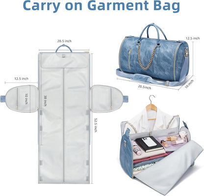 Garment Bags for Travel, Convertible Suit Travel Bag for Women, Stylish Carry On Garment Bag with Toiletry Pocket, Shoulder Strap and Shoes Compartment, 2 in 1 Foldable PU Leather Duffle Bag, Blue