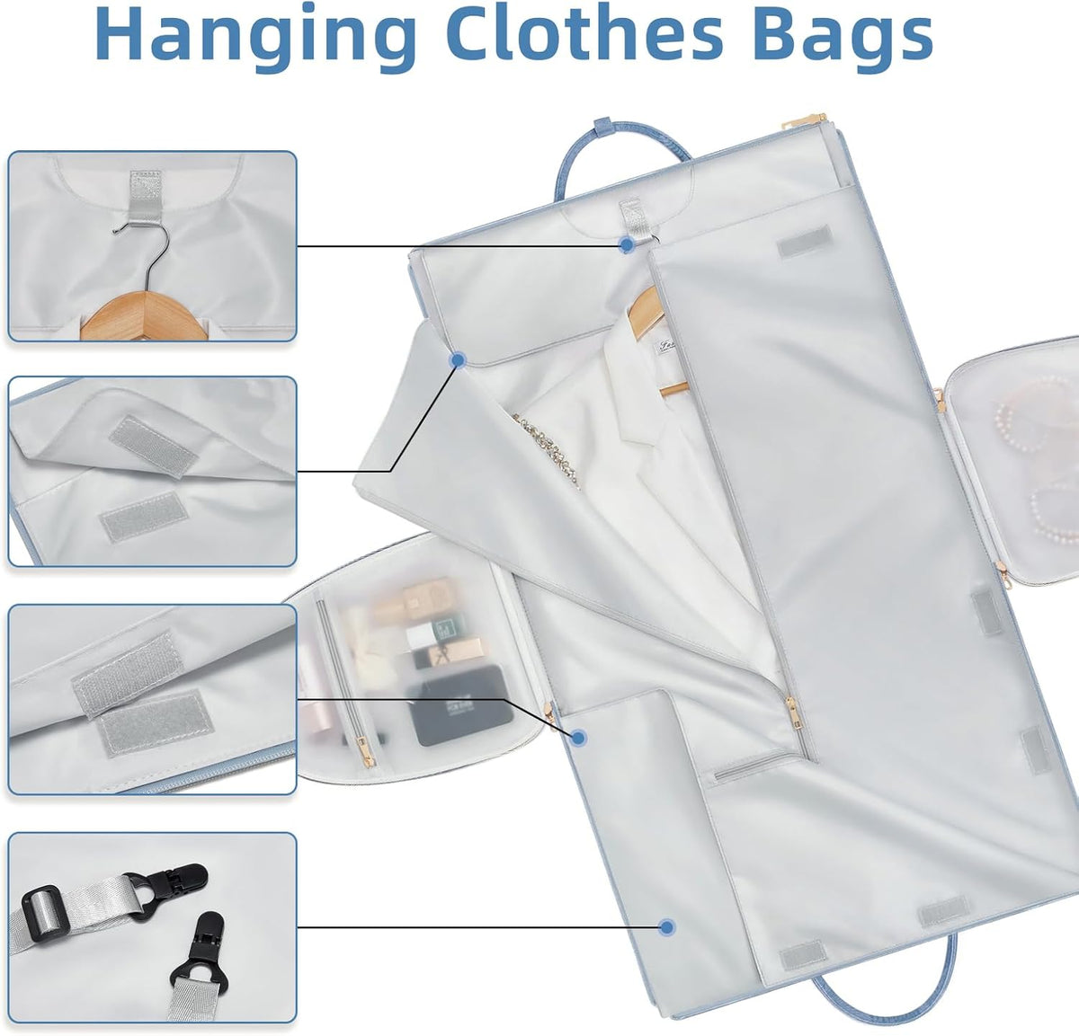 Garment Bags for Travel, Convertible Suit Travel Bag for Women, Stylish Carry On Garment Bag with Toiletry Pocket, Shoulder Strap and Shoes Compartment, 2 in 1 Foldable PU Leather Duffle Bag, Blue