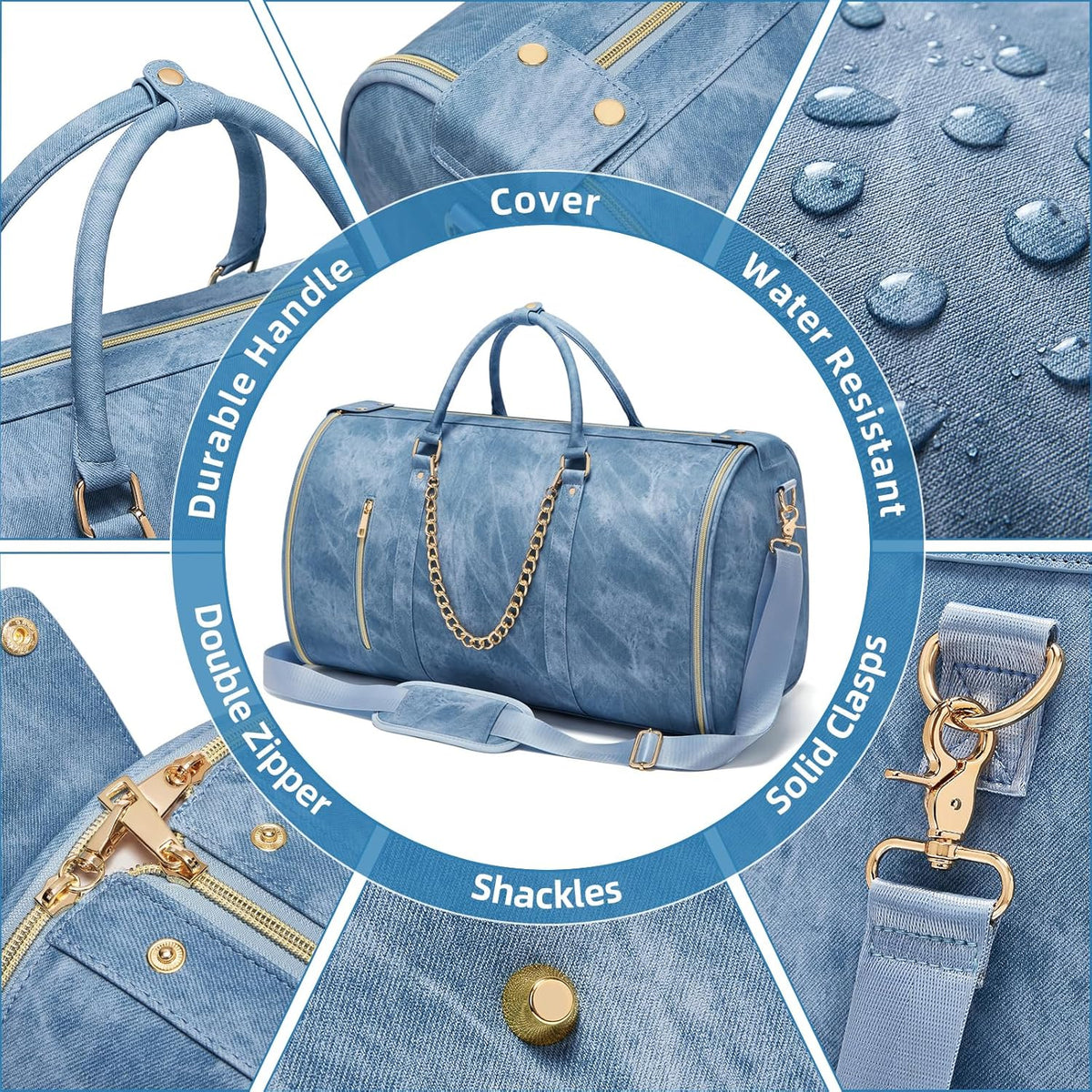 Garment Bags for Travel, Convertible Suit Travel Bag for Women, Stylish Carry On Garment Bag with Toiletry Pocket, Shoulder Strap and Shoes Compartment, 2 in 1 Foldable PU Leather Duffle Bag, Blue