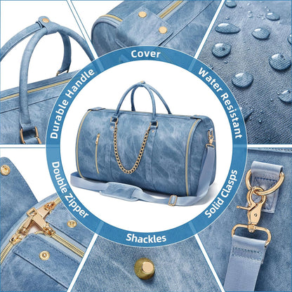 Garment Bags for Travel, Convertible Suit Travel Bag for Women, Stylish Carry On Garment Bag with Toiletry Pocket, Shoulder Strap and Shoes Compartment, 2 in 1 Foldable PU Leather Duffle Bag, Blue